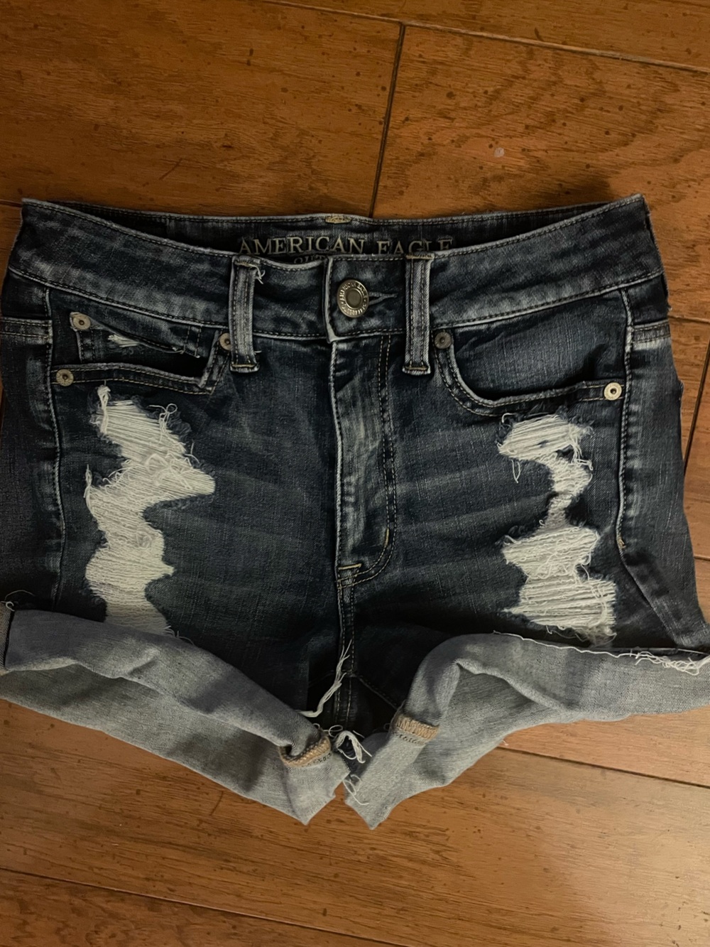 American Eagle Outfitters 360 Next Level StretcDark Blue Distressed Denim Shorts